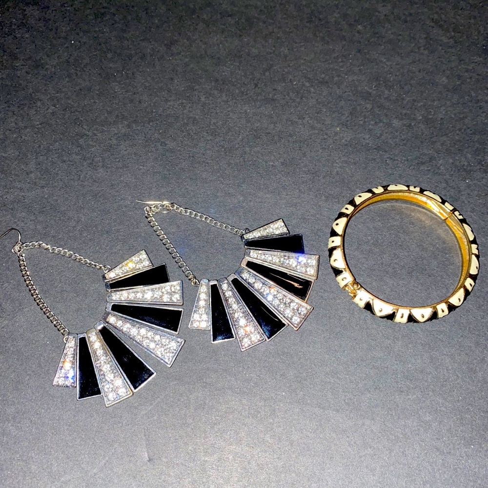 Black and rhinestone silver earrings and bracelet